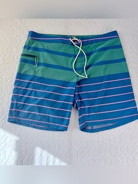 J.Crew board shorts Size 38” blue with pink color block stripes